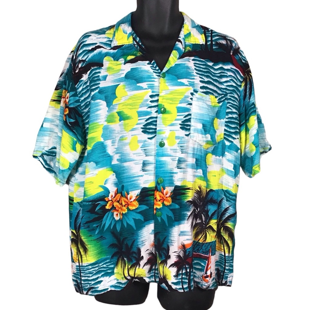 Vintage Caribbean Surf Mens Hawaiian Shirt Size L Short Sleeve Button Down Rayon